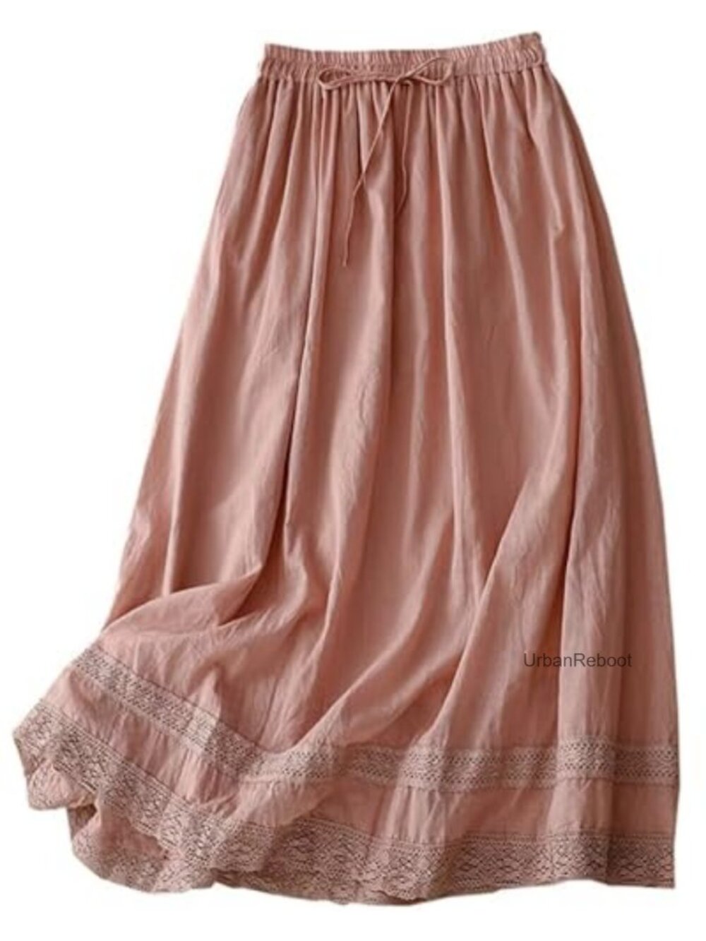 Women's Cotton Linen Midi A-Line Skirt Flowy Boho Lace Trim